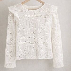 The Kooples White Eyelet Embroidered Blouse Ruffle Shoulder Top Size S NWT